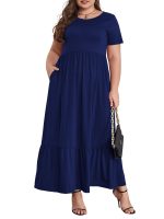 Mengpipi Women's Plus Size Casual Short Sleeve Crewneck Dress Flowy Tiered Loose Maxi Dress with Pockets Navyblue 1X-4X - Image 4